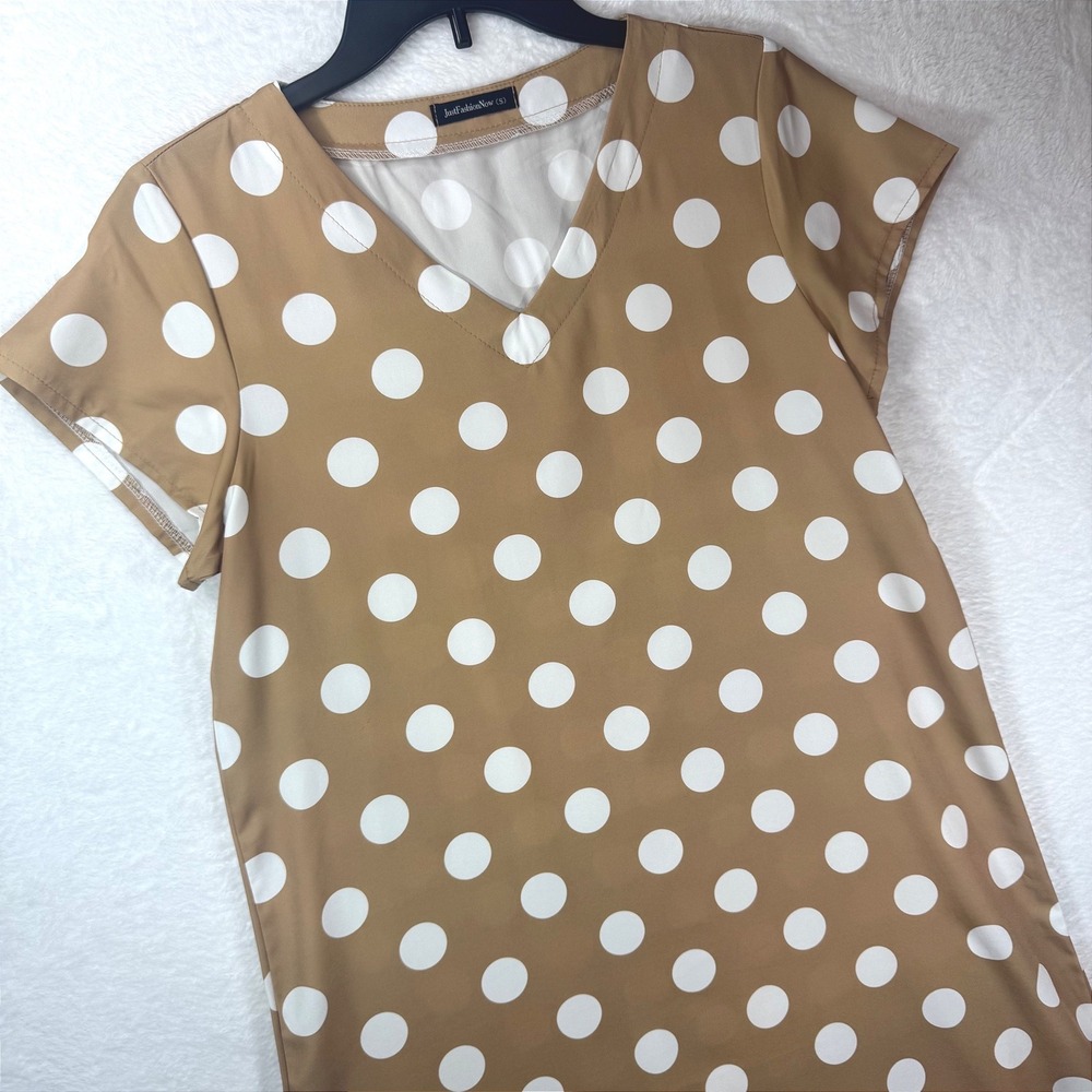 JustFashionNow Tan White Polka Dot V-Neck Dress Crochet Hem Womens Small 494633